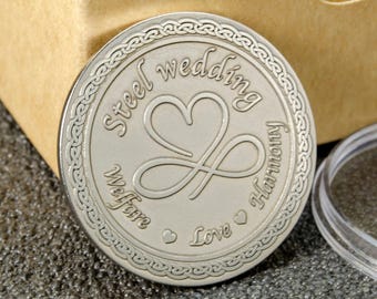 Steel Coin Engraved with "Welfare, Love, Harmony" - 11th Wedding Anniversary Gift for Couple