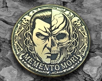 Memento Mori Brass Coin Keychain: Skull Amulet, Customizable Gift