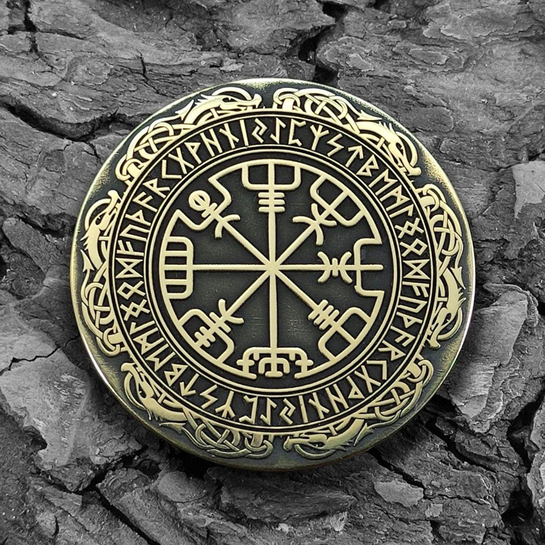 Viking Runic Compass Vegvisir Brass Coin Personalized Engraved