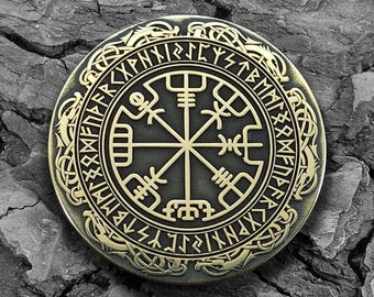 Viking Runic Compass Vegvisir Brass Coin Personalized Engraved Keychain or Pendant Gift