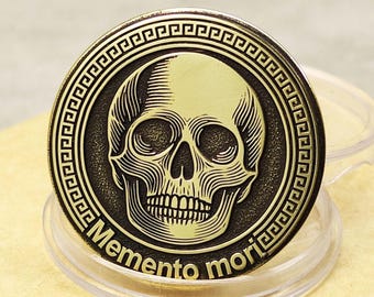 Memento Mori mässingsutmaningsmynt. Dödskallegåva för filosofer. Anpassa med personliga datum och namn.