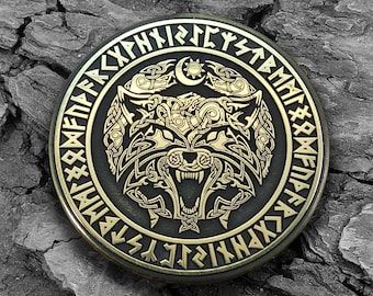 Fenrir Wolf Coin Custom Deep  Engraving Brass Souvenir Keychain Pendant Amulet Scandinavian Mythology Runes