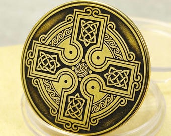 Personalized Brass Coin with Irish Celtic Cross. Deep Laser Engraving & Patina Finish. Collectible Art