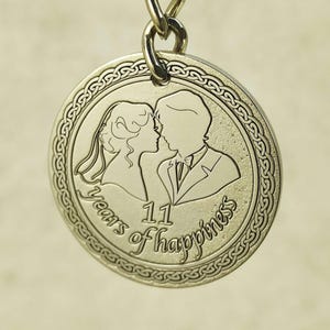 Custom Engraved 11th Anniversary Keychain. Unique Steel Wedding Gift for Couple. Personalized Date & Name