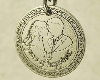 Custom Engraved 11th Anniversary Keychain. Unique Steel Wedding Gift for Couple. Personalized Date & Name