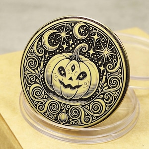 Customizable Brass Coin with Friendly Pumpkin Design - Halloween Souvenir