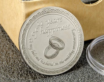 11th Steel Wedding Anniversary Gift for Husband - Personalized Steel Coin with Deep Engraving