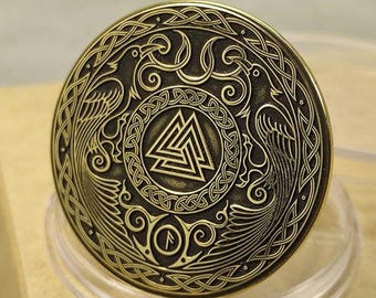 Valknut Brass Coin Personalized Gift. Deeply Engraved Symbol of Odin's Wisdom & Protection