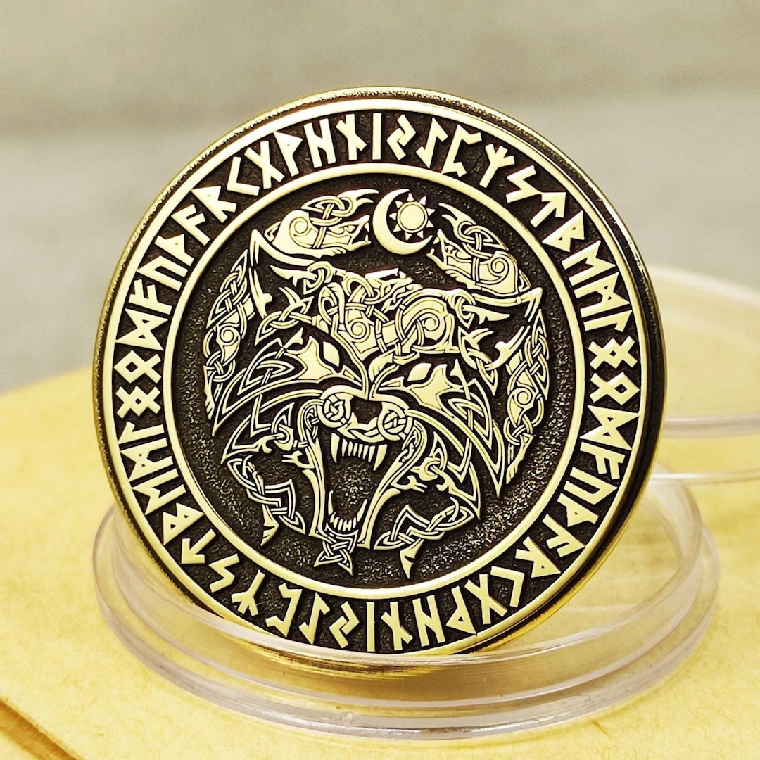 Custom Brass Fenrir Wolf Coin With Runes Norse Mythology Gift ...