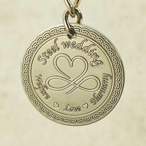 11th Wedding Anniversary Personalized Steel Keychain Coin. Unique Heart Infinity Gift for Husband or Wife. Customized Date and Name