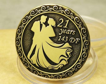Personalized Brass 21st Anniversary Coin, Engraved Wedding Gift
