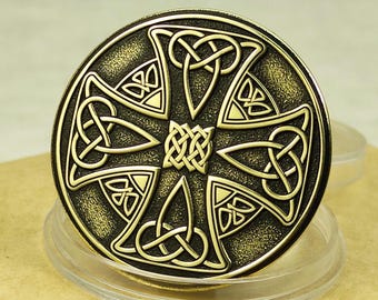Personalized Celtic Cross Coin - Vintage Brass with Deep Laser Engraving, Unique Spiritual Gift