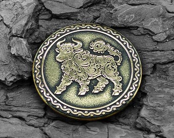 Brass Coin Chinese Zodiac 2021 Year of the Ox Lucky Charm Amulet. Personalized Name & Date
