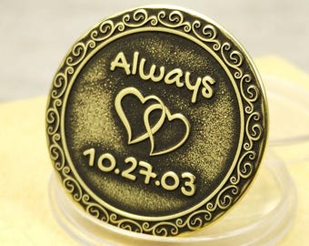 Custom Significant Date Brass Coin, Personalized Romantic Hearts Keychain or Necklace Gift for Couples