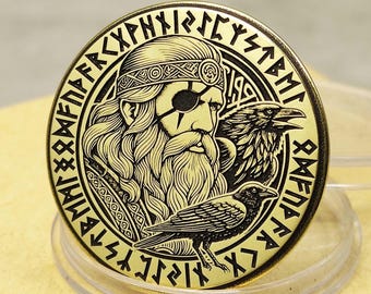 Customizable Odin Brass Coin: Huginn and Muninn Ravens, Norse Mythology Gift