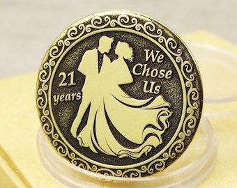 Personalized Brass 21st Wedding Anniversary Coin Gift Couple Custom Engraved Souvenir Engraving Wife Husband