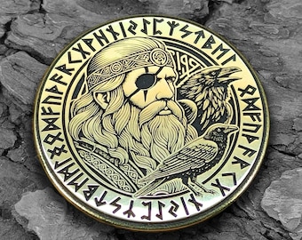 Odin Coin with Huginn & Muninn – Norse Mythology Brass Raven Token, Viking Amulet Gift