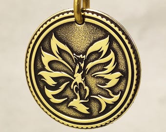 Brass Kitsune Pendant. Fox Souvenir Gift with Custom Personalization. Mystical Nine-Tailed Fox Talisman