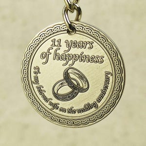 Personalized Steel Keychain for 11th Wedding Anniversary. Custom Engraved Gift for Wife Name and Date