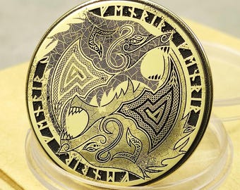 Brass Wolf Coin Fenrir Engraving Personalized Runic Symbols Talisman Norse Mythology Gift Strength Power