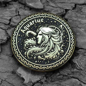Aquarius Zodiac Brass Coin Keychain Pendant Medallion Amulet.  Gift Boyfriend or Girlfriend. Custom Personalized Horoscope Astrology