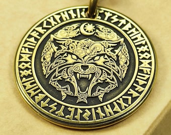 Fenrir Wolf Brass Keychain / Coin – Norse Mythology Wolf Amulet, Viking Gift