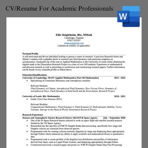 Może przedstawiać: Czarno-białe CV z tytułem "CV/Resume For Academic Professionals". CV jest dla Ellie Sleightholm, BSc, MMath. Zawiera jej dane kontaktowe, wykształcenie i doświadczenie zawodowe.