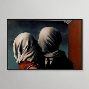Magritte Holzgerahmtes Poster - Die Liebenden - Surrealistische Malerei - René Magritte Wandkunst - Hochwertige Leinwand