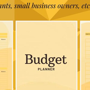 May include: A yellow and white budget planner with the text "Budget Planner" in black. The planner includes sections for monthly income, expenses, savings, and notes.