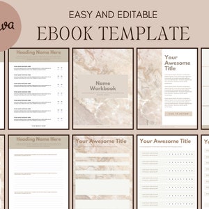 Puede incluir: Una plantilla de ebook digital con fondo de mármol. La plantilla incluye una página de título, una tabla de contenido y varias páginas con diferentes diseños. El texto en la plantilla dice "Plantilla de ebook fácil de editar" y "Cuaderno de trabajo del nombre".