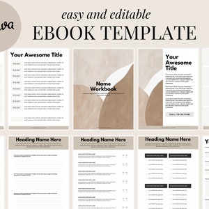 Può includere: Un modello di ebook digitale con uno schema di colori beige e bianco. Il modello include una pagina di titolo, un indice e diverse pagine con titoli, caselle di testo e caselle di controllo. Il testo sul modello include le parole "facile e modificabile", "modello di ebook", "titolo fantastico", "workbook del nome", "sfida di 30 giorni" e "call to action".