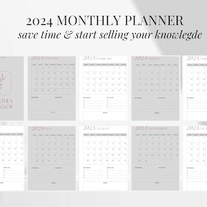 Peut inclure: Un planificateur mensuel imprimable pour 2024 avec un design minimaliste. Chaque mois est affiché sur une page séparée avec de l'espace pour des notes et des listes de tâches. Le texte "2024 MONTHLY PLANNER save time & start selling your knowledge" est en haut de la page.