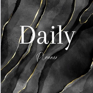 Op de afbeelding: Zwart en gouden marmerontwerp met de tekst "Daily Planner" in wit.