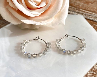 Small silver crystal hoops, Labradorite crystal hoops, Dainty silver hoops, Jewelry gift for mom,  Silver jewelry for wife