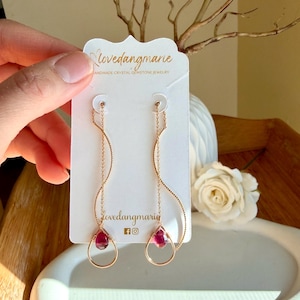 Gold pink ruby ear threader, Ruby dangling earrings, July birthstone jewelry