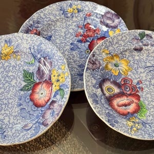 Op de afbeelding: Drie ronde keramische borden met een blauw-witte patroonachtergrond. Elk bord heeft een bloemenontwerp met rode, gele en paarse bloemen. De borden zijn gerangschikt op een reflecterend oppervlak.