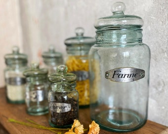 6 boîtes vintage françaises en verre transparent - Lot de 6 bocaux de cuisine avec couvercles / Bocaux faits main pour le garde-manger et les aliments secs : café, pâtes ..