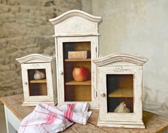 Rustic French Farmhouse Cheese Cabinets: Metal Cooling Mesh Door / Painted Distressed Farmhouse Fromagère / White Curio-Display Wall Cabinet