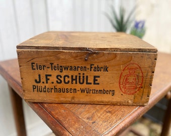 Authentic German Wood Advertising Box: Antique 1800s Pasta Crate w/ Hinged Lid/ Vintage J.F.Schule Württemberg Wooden Food Crate Paper Label