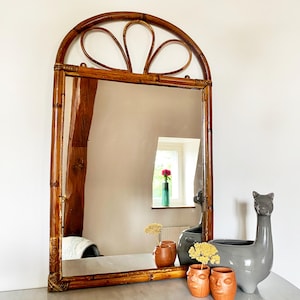 Vintage French Boho Rattan Wall Mirror | Bohemian Costal Rectangle Mirror | Bamboo Mirror: Arched Top | 1960s-1970s Sunburst Mirror
