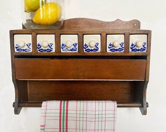 Retro French Spice Rack with Ceramic Drawers / Vintage Kitchen Organizer for Farmhouse Kitchen Charm / Hanging 70s Wall Mounted Spice Shelf