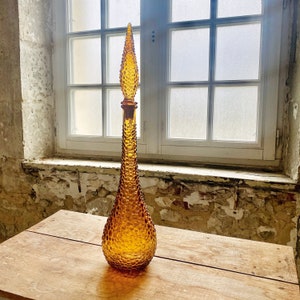 Stunning Italian Hobnail Glass Decanter / Mid Century Amber Empoli Genie Bottle/ Exquisite Vintage Collectible Tall Yellow Art Glass Bottle