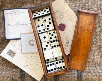 Antique French Bone & Wood Dominoes: Original Wood Box, Tile Game