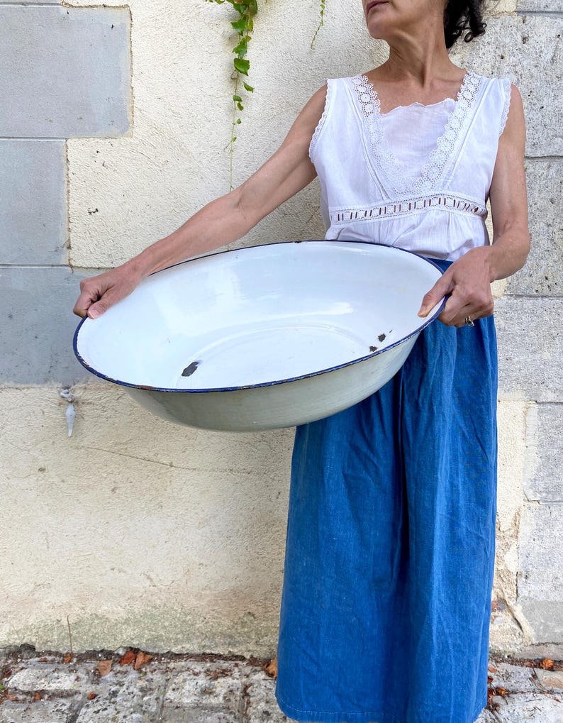 Extra Large 22 Blue and White French Enamelware Basin Perfect for
