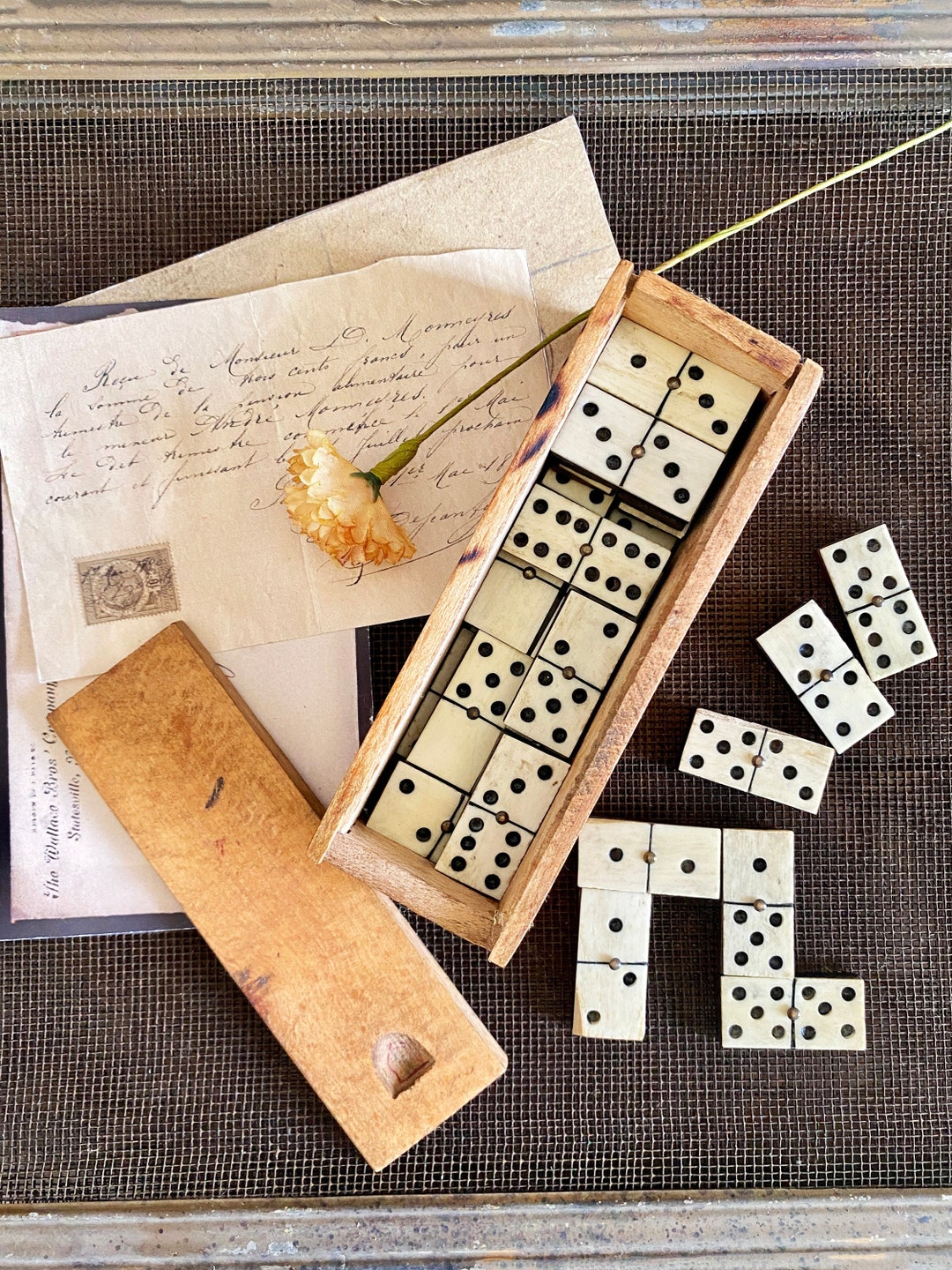 French Antique Set of 28 Dominoes Bone and Ebony Brass Rivets