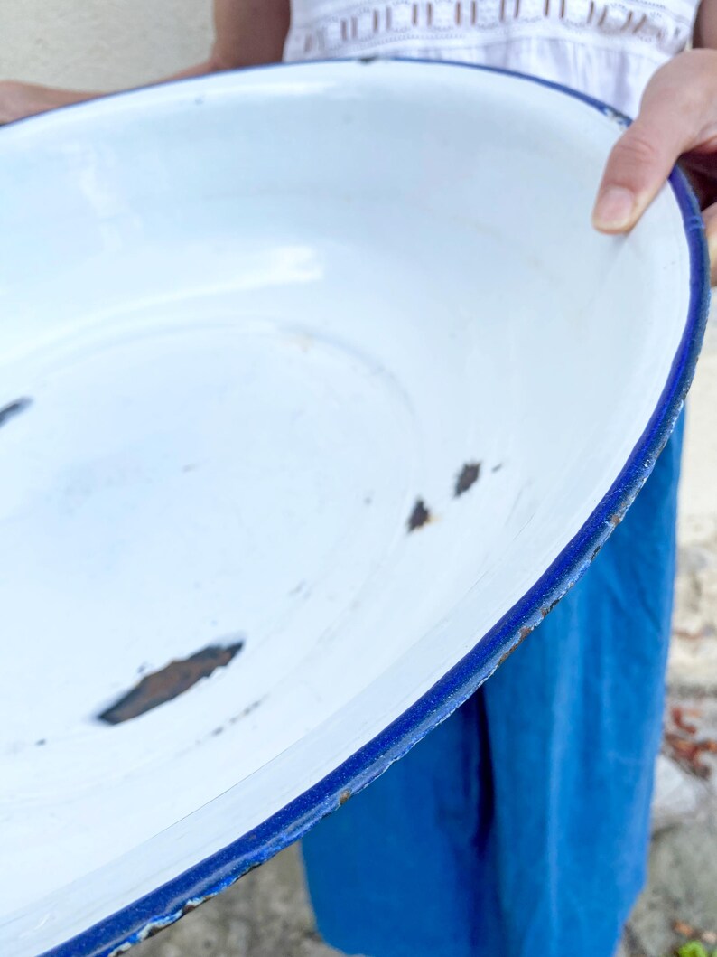 Extra Large 22 Blue and White French Enamelware Basin Perfect for