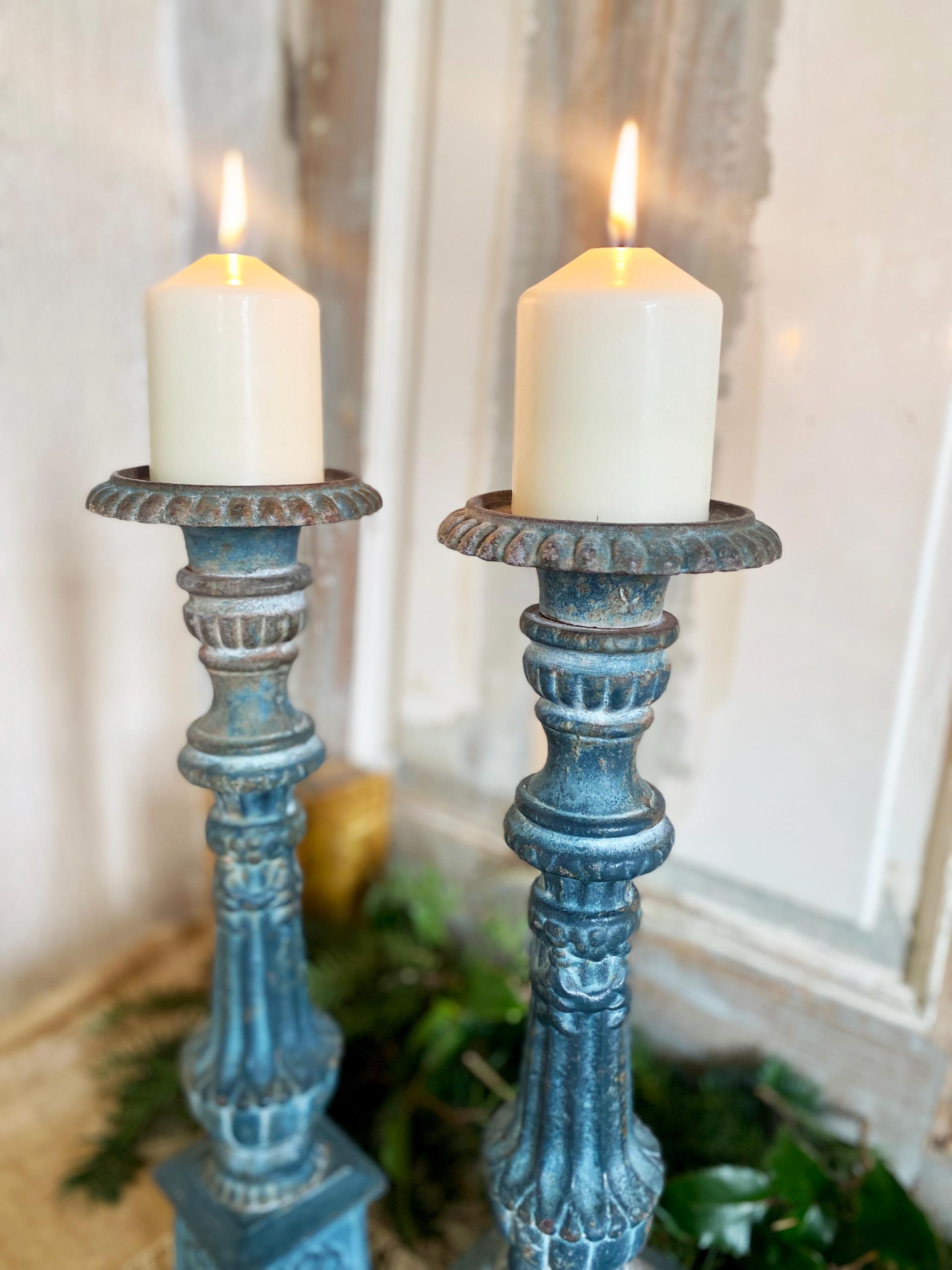 Tall 1800's Victorian Cast Iron Candlesticks | Pair of Blue
