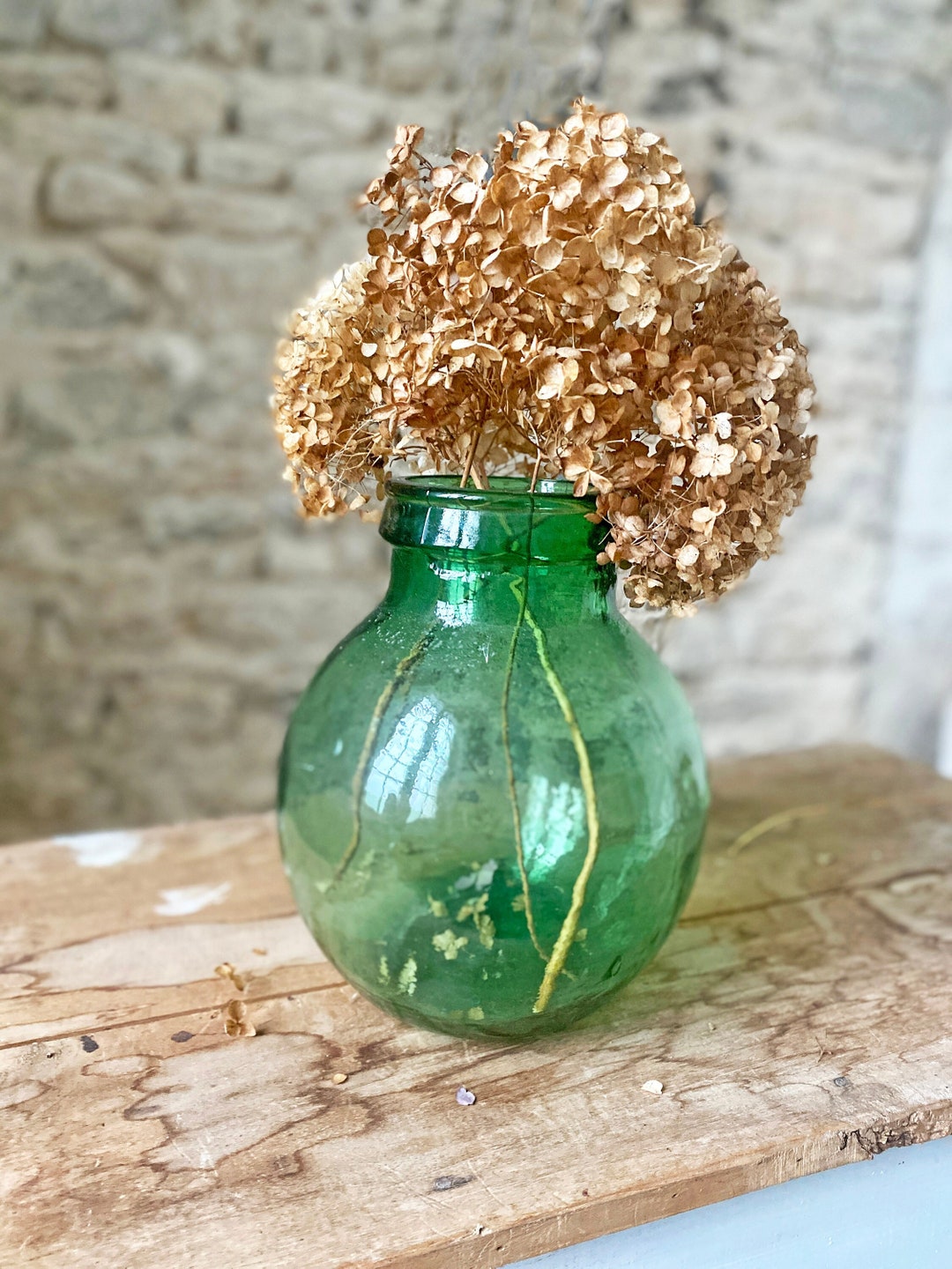 Vintage Thick Green Glass Olive Jar / Viresa Glass Demijohn / Big Green