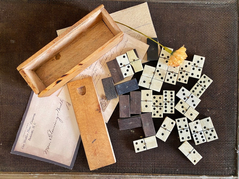 French Antique Set of 28 Dominoes Bone and Ebony Brass Rivets