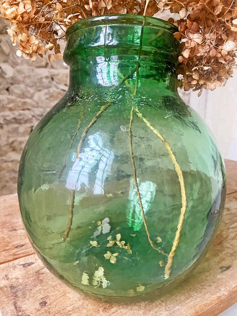 Vintage Thick Green Glass Olive Jar / Viresa Glass Demijohn / Big Green